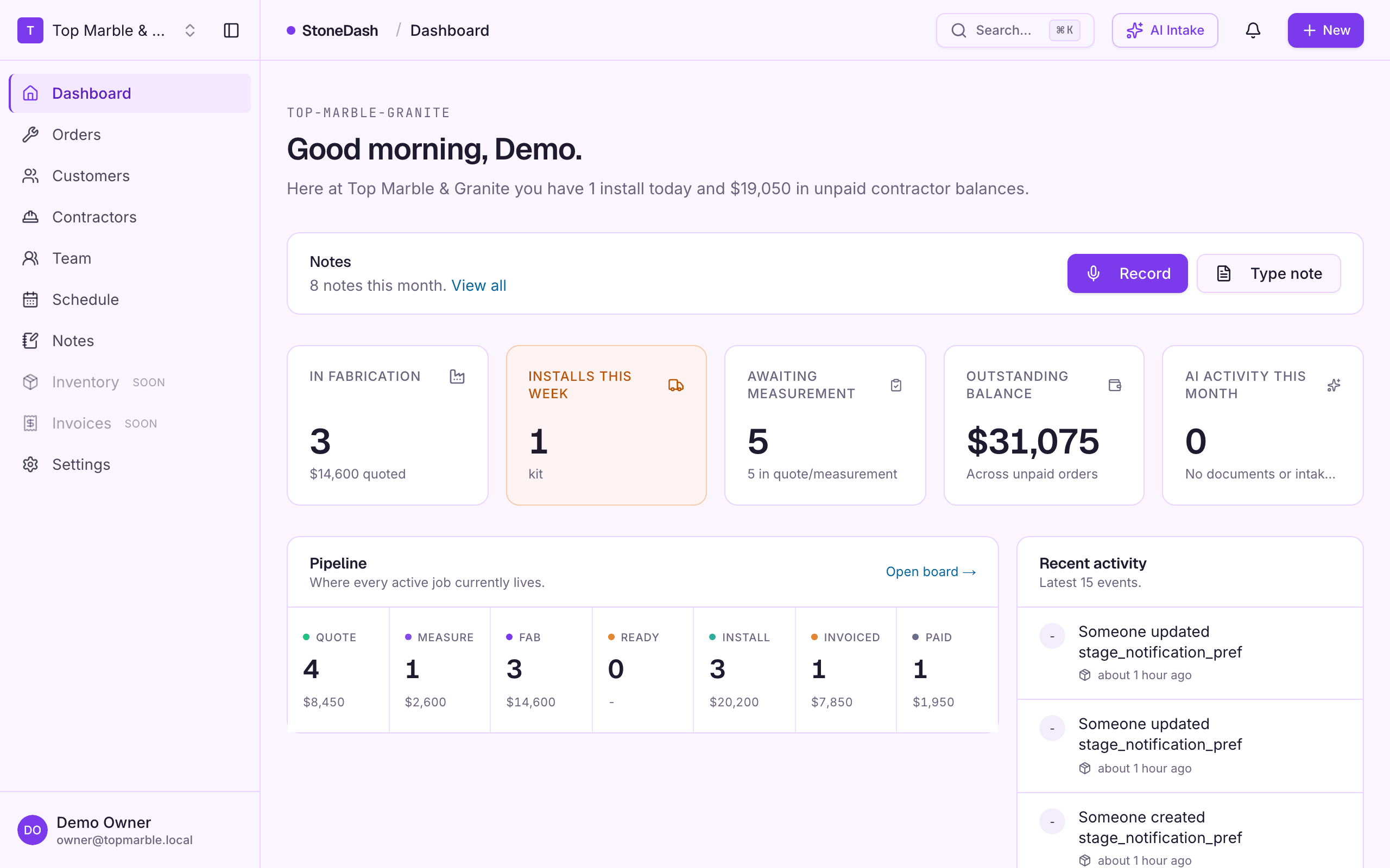 StoneDash dashboard - greeting, KPIs, pipeline, and recent activity